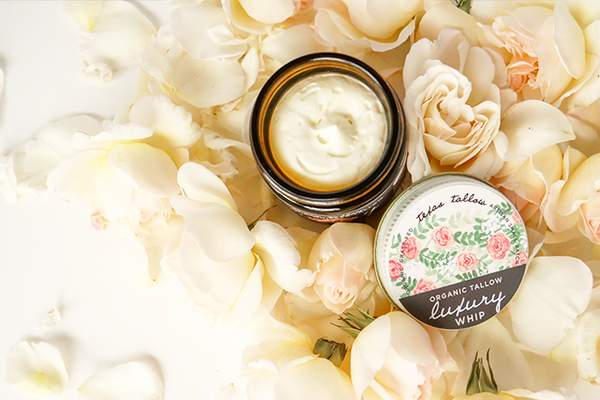 luxury skincare tallow whip with elderflower and rose oils for aging, crepey, wrinkled skin